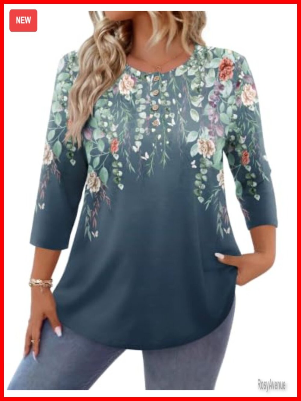 Plus Size Womens 3/4 Sleeve Button Down Floral Tunic Blouse Loose Fit